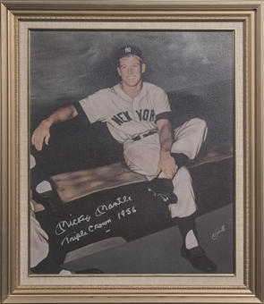 Mickey Mantle Signed & "Triple Crown 1956" Inscribed Canvas Print In 26x30 Framed Display (Beckett)